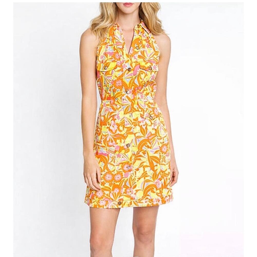 Nicole Miller Floral Halter Denim Dress Orange Pink Mod Retro Summer Size S NWOT